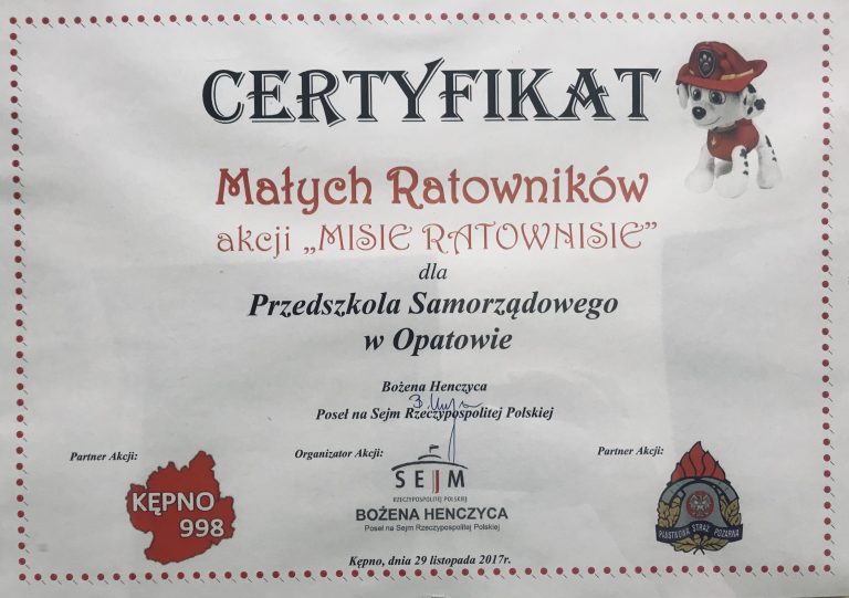 Certyfikat przedszkola, pozycja 39