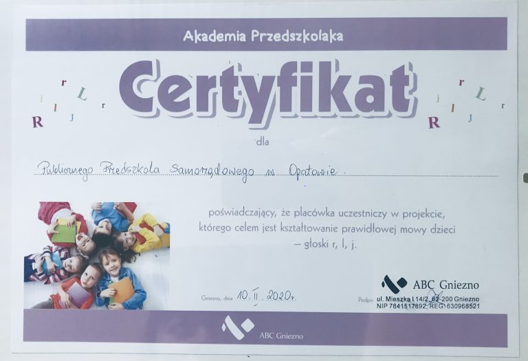 Certyfikat przedszkola, pozycja 26