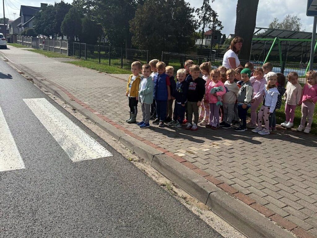Przedszkolaki z nauczycielką przed przejściem dla pieszych