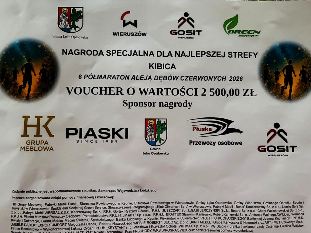Voucher nagrody specjalnej dla najlepszej strefy kibica podczas 6. Półmaratonu Aleją Dębów Czerwonych